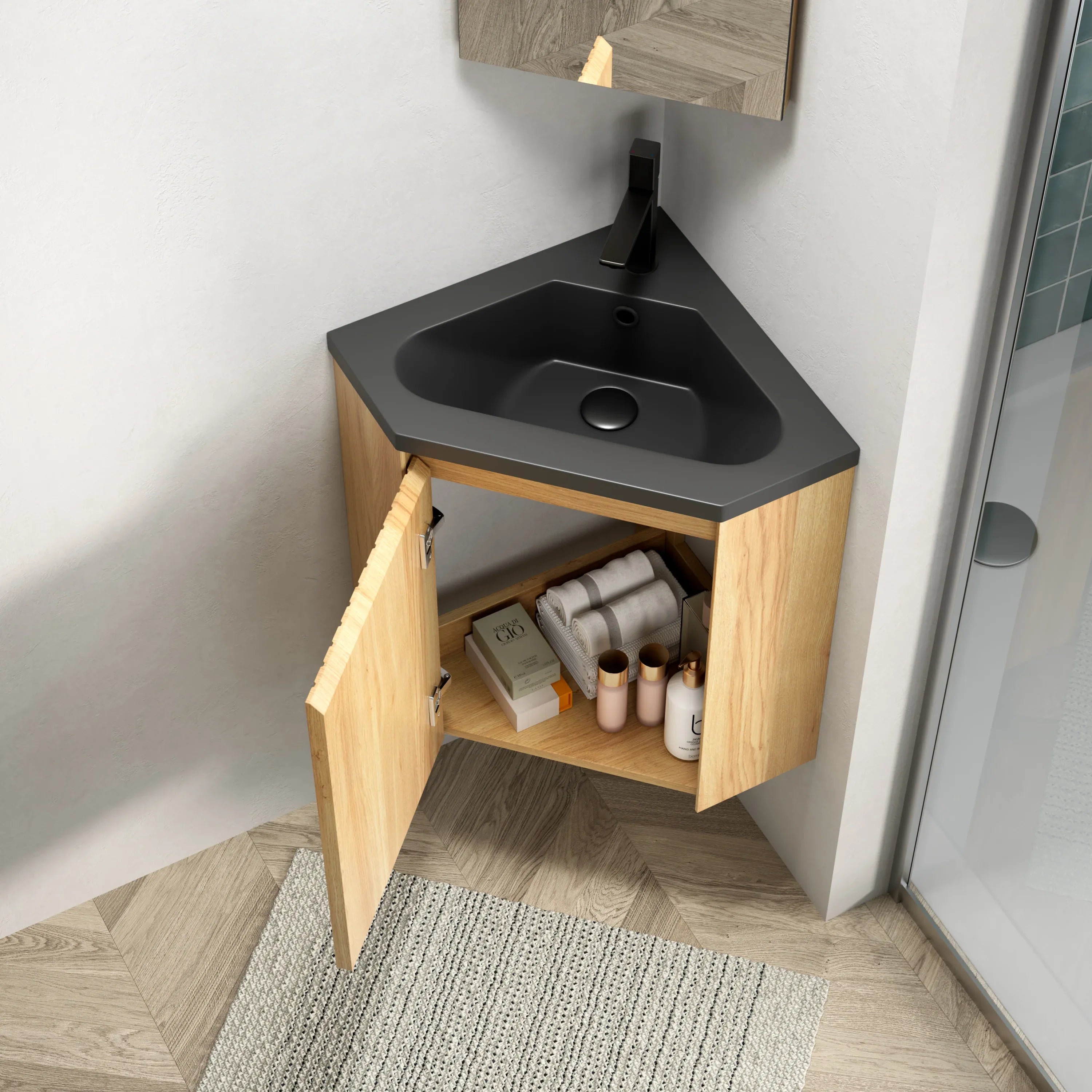 ZURI 30' Bathroom Vanity&Sink, Wall-Mounted Floating Triangular Striped Plywood Storage Cabinet with One Door, Black Integrated Resin Basin, Suitable for Corner, Preassembled, Natural Woodgrain Color - Eloy Royal