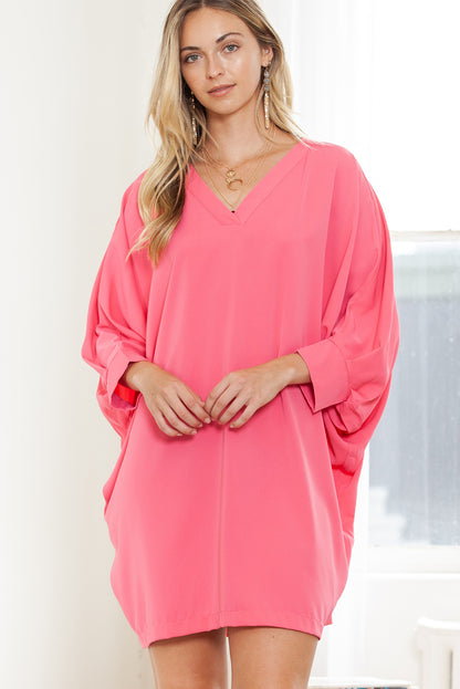 Strawberry Pink Solid Color V Neck 3/4 Sleeve Dress - Eloy Royal