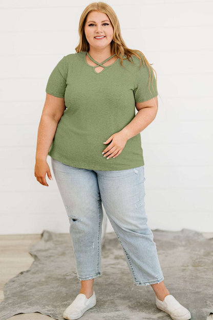 Army Green Casual Crisscross Ribbed Knit  Plus Size Tee