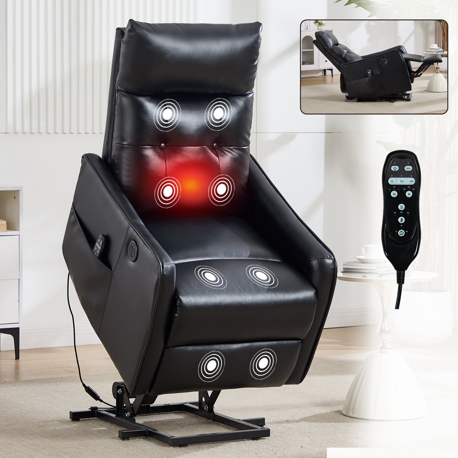 Black PU Single Motor Power Lift Recliner Chair with Massage and Heat for Elderly, Heavy Duty Motion Mechanism and One USB for Charging, Max Reclining Angle 155°