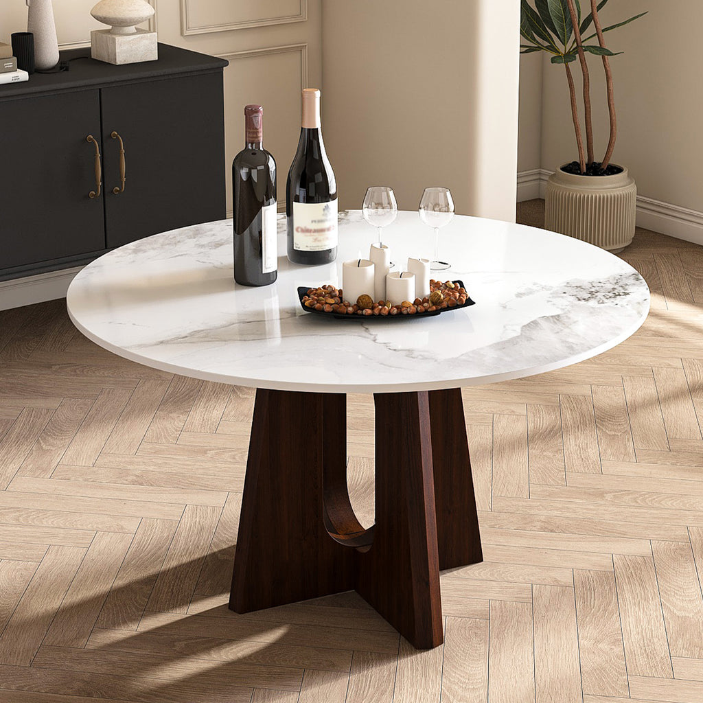 Modern Marble Dining Table, 53' Sintered Stone Round Dining Table with Solid Wood Walnut Base, Sturdy Cross Design for 4-6 People-Walnut (Only Table)