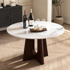 Modern Marble Dining Table, 53' Sintered Stone Round Dining Table with Solid Wood Walnut Base, Sturdy Cross Design for 4-6 People-Walnut (Only Table)