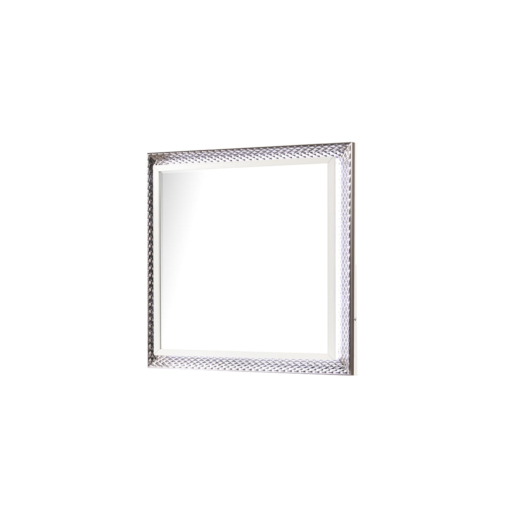 Fabio Contemporary Style Mirror Made with Diamond-Patterned Side Accents with LED Lighting and Wood in White Finish(INCLUDES ONLY MIRROR)