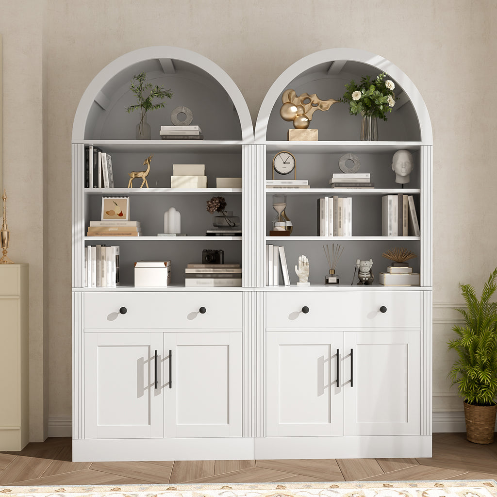 Arched Bookshelf Suite with Storage Cabinet,Tall Display Bookcase with Drawer Doors and Adjustable Shelves,Freestanding Kitchen Pantry Cabinet for Living Room,Home Office,Bathroom,White