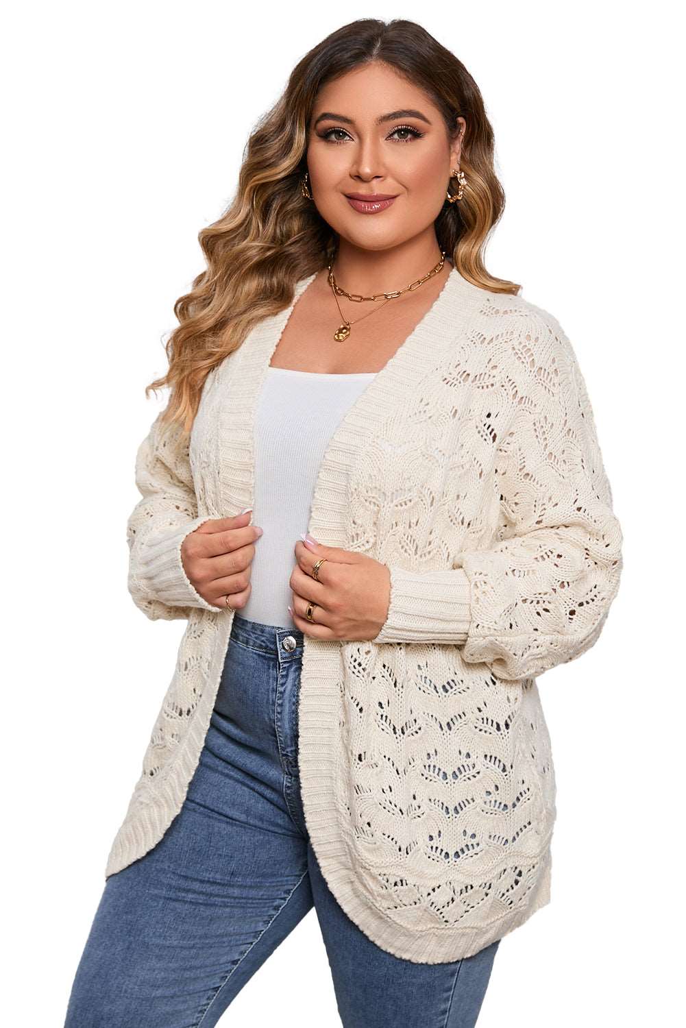 Beige Plus Size Hollowed Open Front Ribbed Trim Cardigan