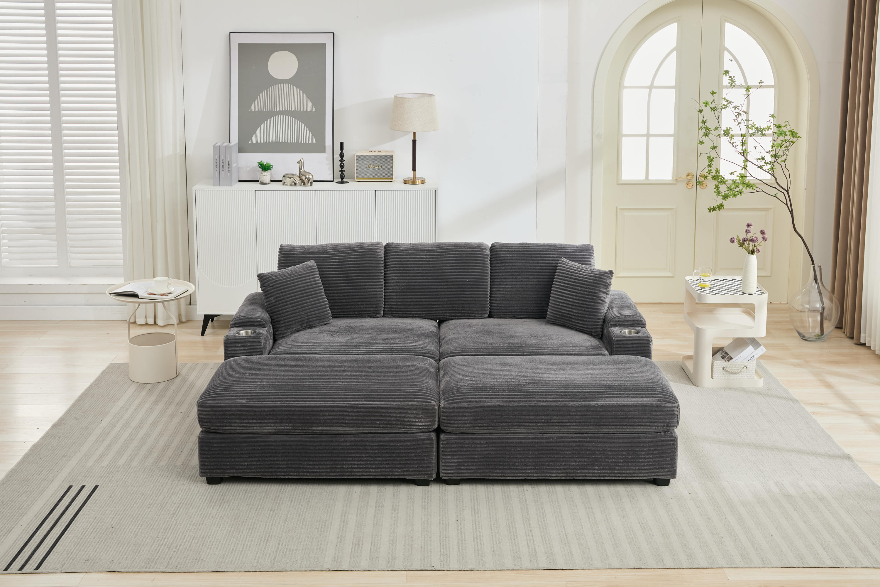 [VIDEO/New]Combination Modular Convertible Sectional Sofa Bed Set,Armrest storage, Stainless steel cup holder, USB, Upholstered Sofa, Deep Seat, Living Room, Loft, Apartment, Office, 2 Colors