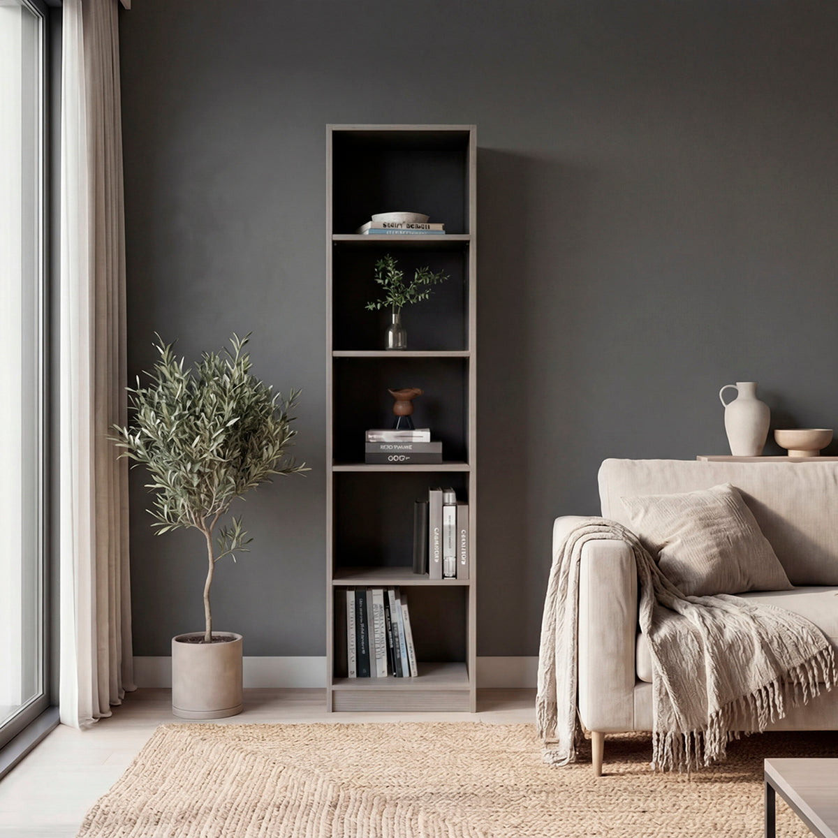 Beaver Bookcase with 5 Open Shelves, Tall Storage Bookshelf, Wenge and Positano
