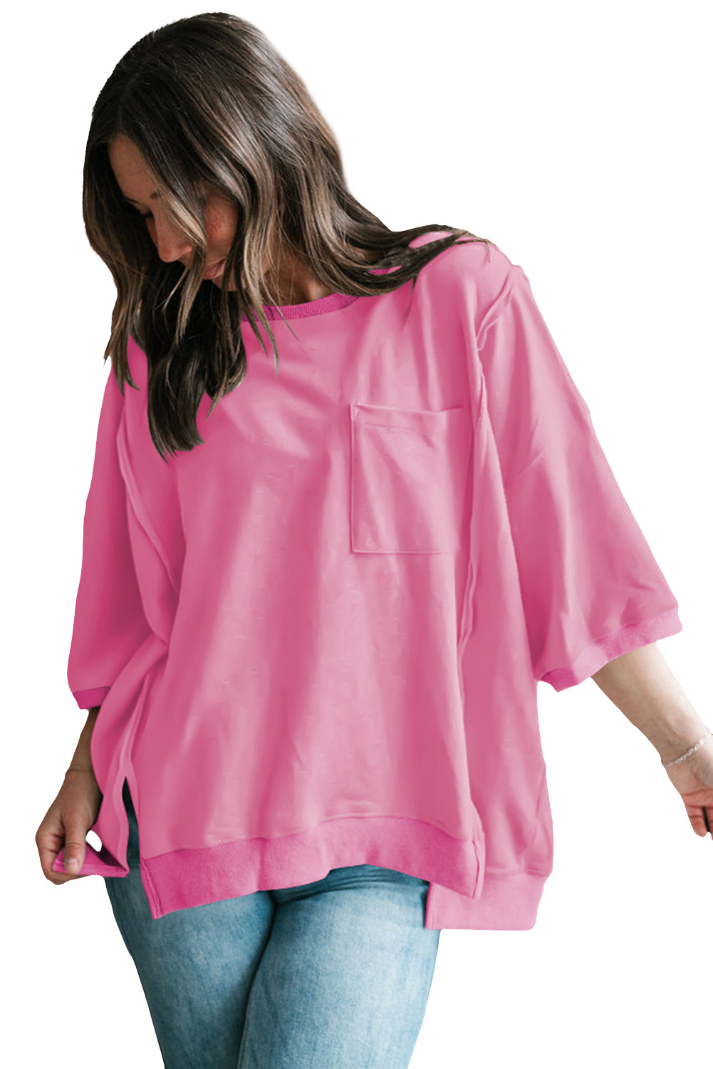 Bonbon Exposed Seam Pocket Side Split Loose T Shirt - Eloy Royal