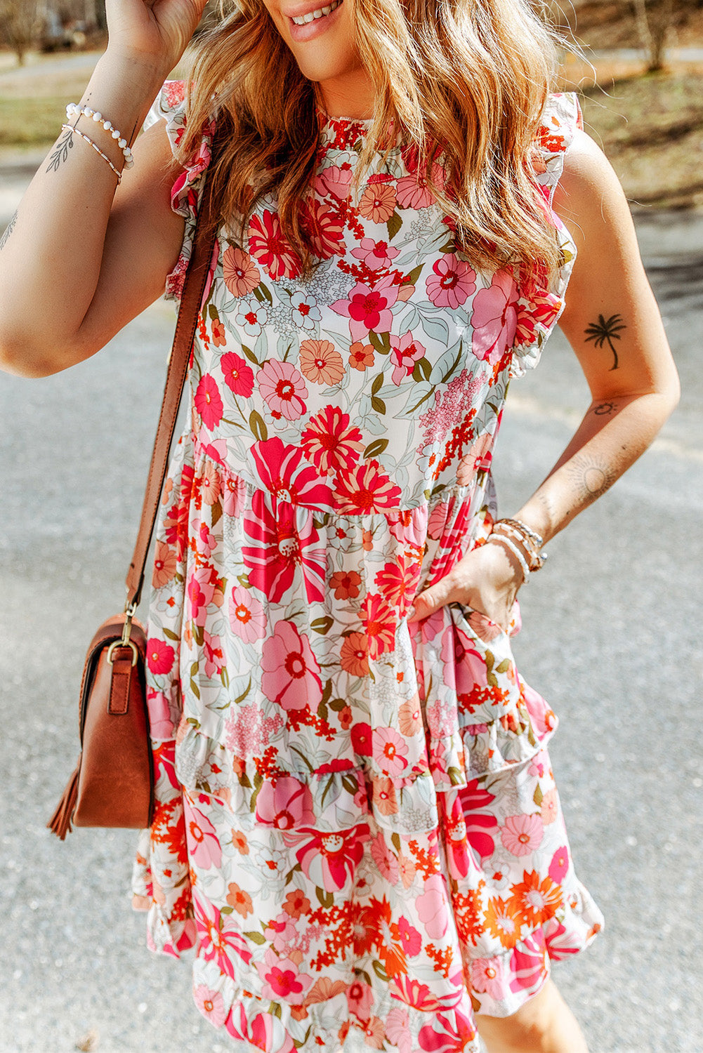 Floral Print Casual Ruffled Sleeveless Tiered Short Dress - Eloy Royal