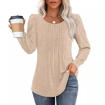 Women's Bubble Sleeve Waist Pleated Round Neck Long Sleeve T-shirt