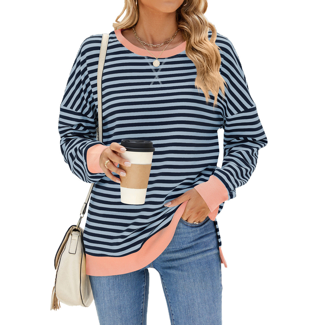 Mixed Color Striped Printed Split Design Long Sleeve T-Shirt Fashion Casual Round Neck Pullover Top Women's Clothing