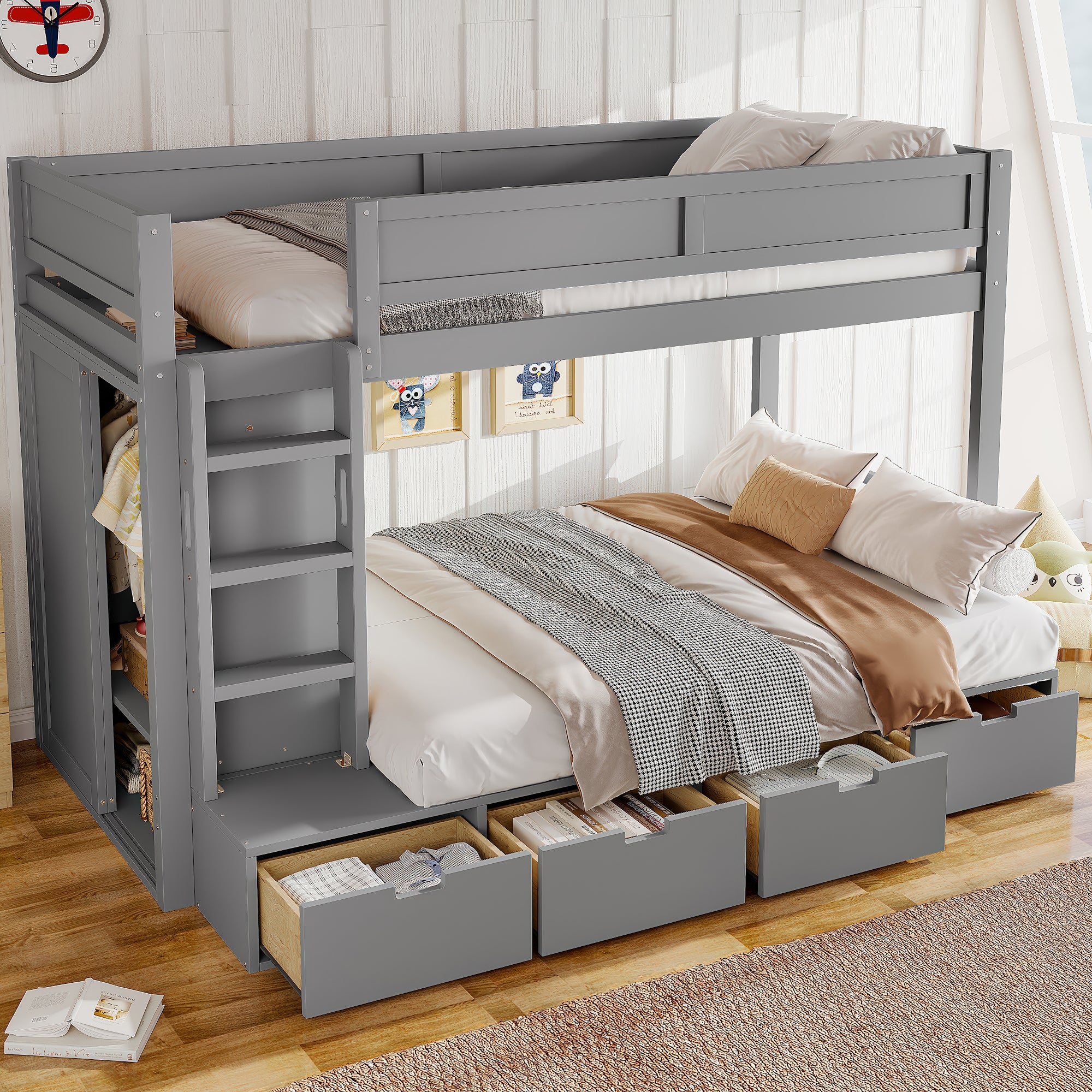 Twin over Twin Bunk Bed with 4 Storage Drawers, Solid Wood Bunk Bed with Built-in Wardrobe and Full-length Guardrails, No Box Spring Needed, Beige & Natural/Gray
