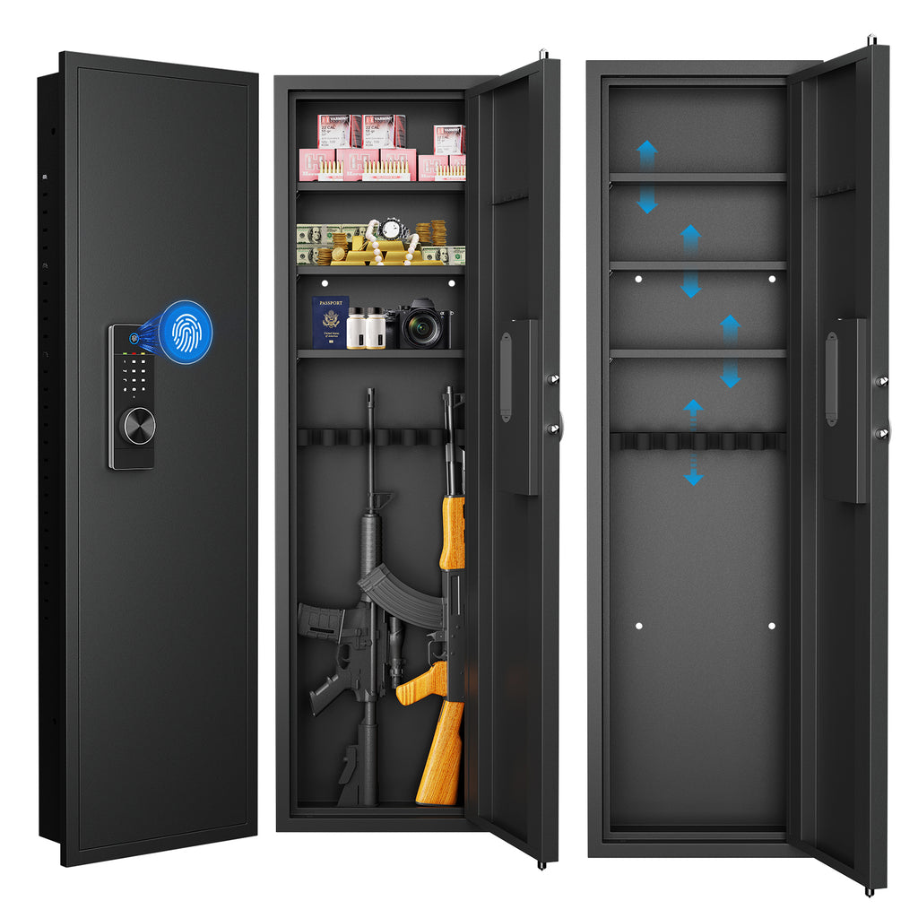 53' Fingerprint Touch Panel In-Wall Safe,Hidden Wall Gun Safe for Rifles with Adjustable Shelves,Assembled Storage Multifunctional Wall Safe for Firearm and Valuables (Black-Fingerprint)