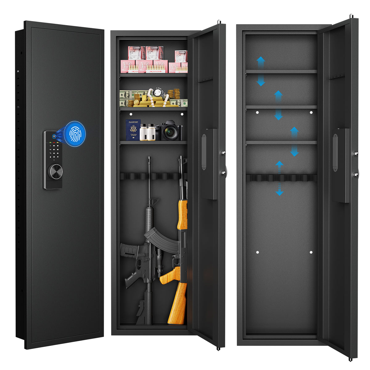 53' Fingerprint Touch Panel In-Wall Safe,Hidden Wall Gun Safe for Rifles with Adjustable Shelves,Assembled Storage Multifunctional Wall Safe for Firearm and Valuables (Black-Fingerprint)