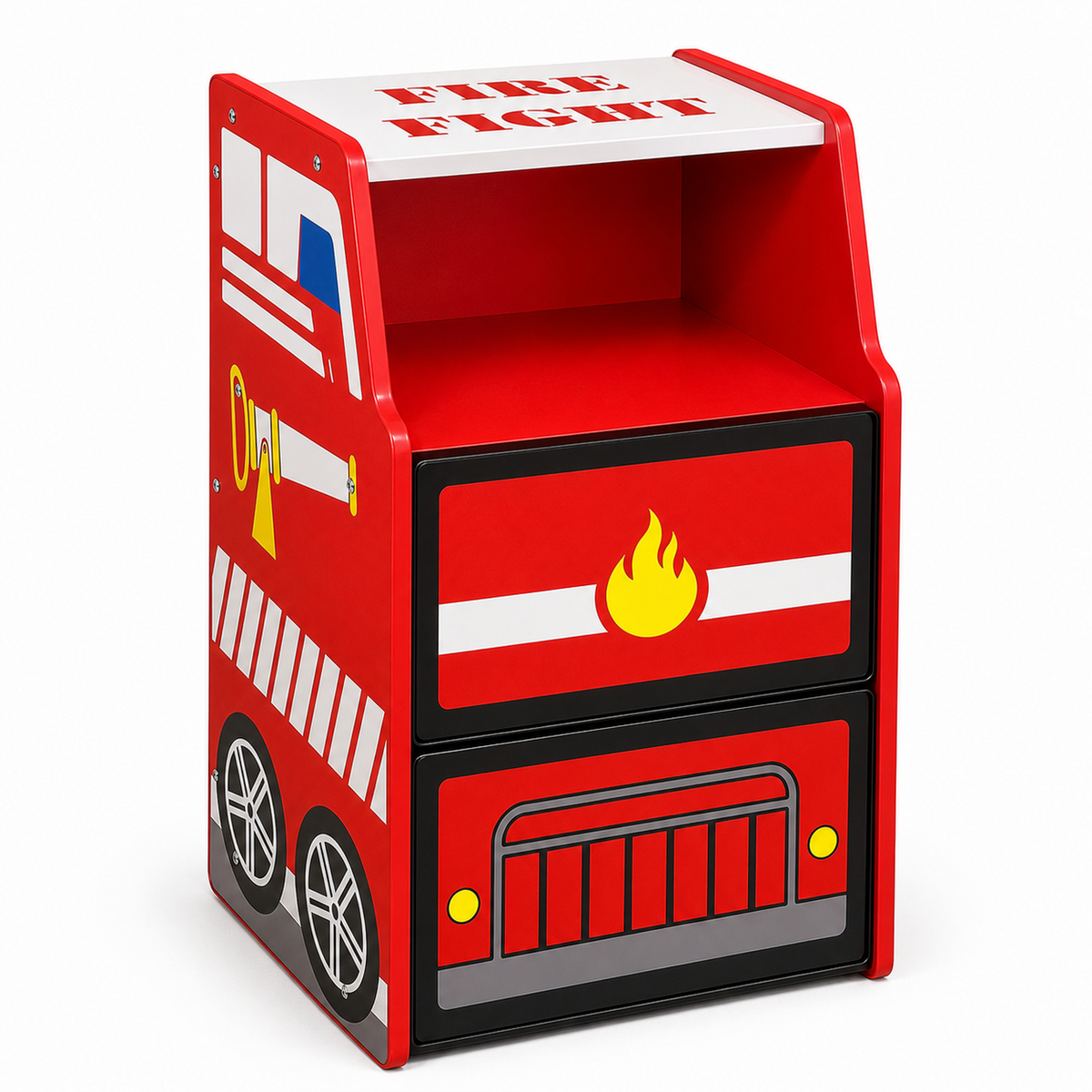 Kids Fire Truck 2-Drawer Nightstand with Open Storage Cubby, Rounded Protective Edge Banding, Bedside Cabinet