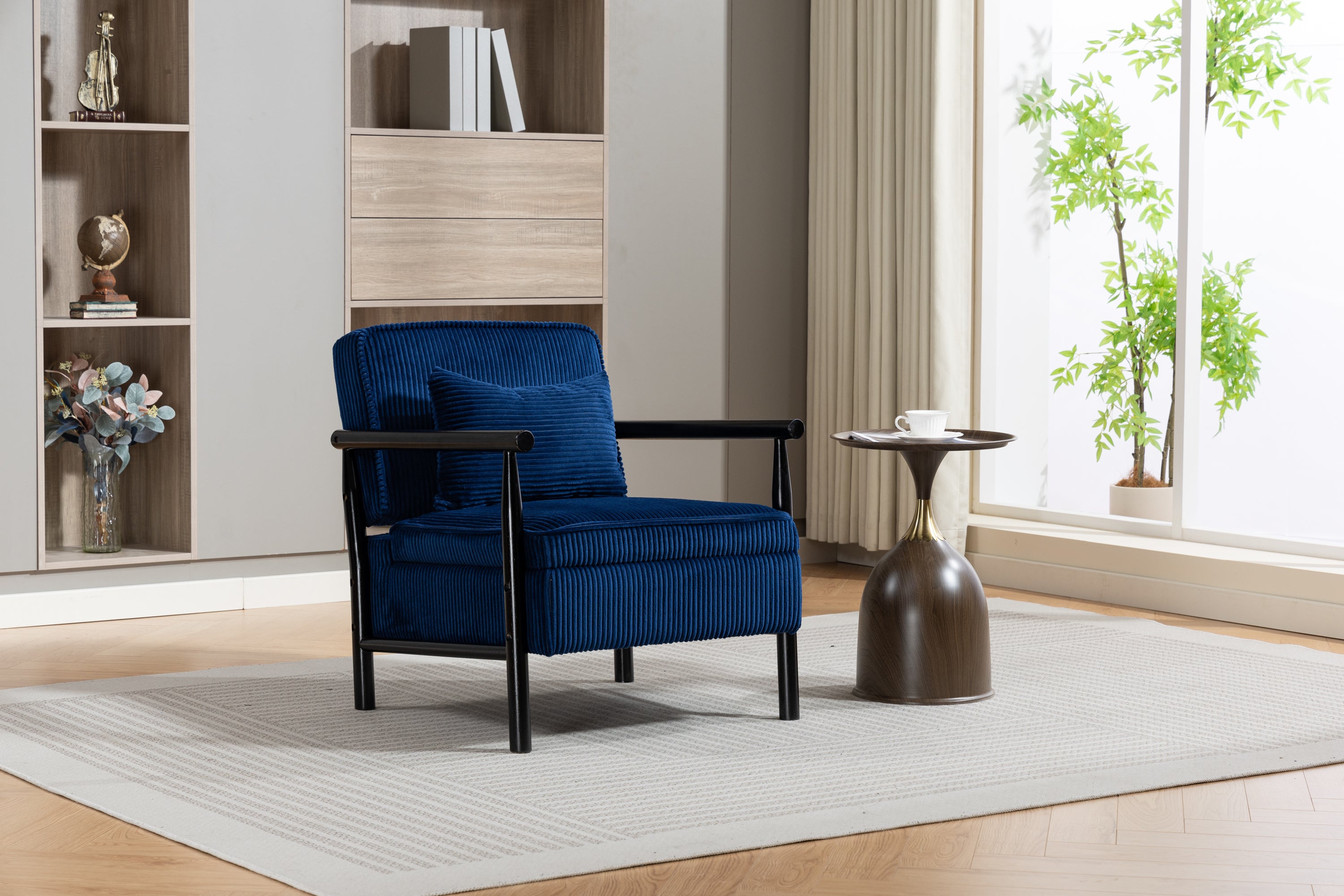 Storage Chair,Mid Century Modern Accent Chair with Wood Frame, Upholstered Living Room Chairs with Waist Cushion, Reading Armchair for Bedroom Sunroom