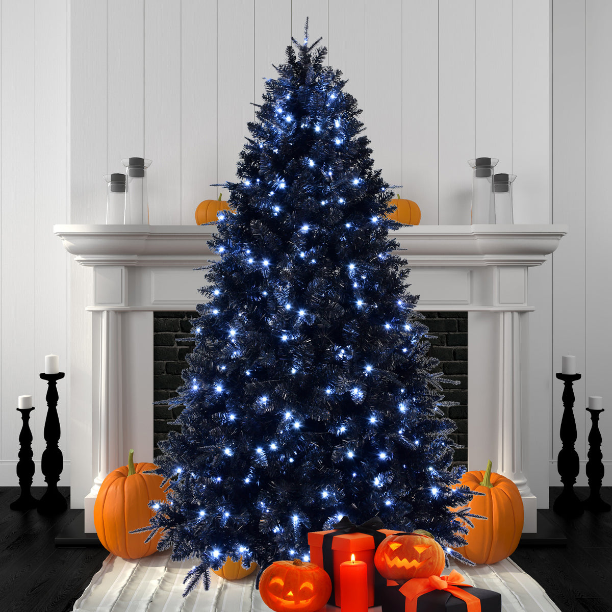 8ft Black Christmas Tree with 600 White LED Lights, 2486 Tips PE+PVC Artificial Tree for Halloween & Holiday Decor, Hinged Structure with Stable Metal Stand