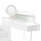 Corner Makeup Vanity Desk With Mirror & LED Lights, Modern Vanity Set With Mirror And Stool, Dressing Table With Large Storage For Small Place, Brightness Adjustable Folding Mirror, White - Eloy Royal