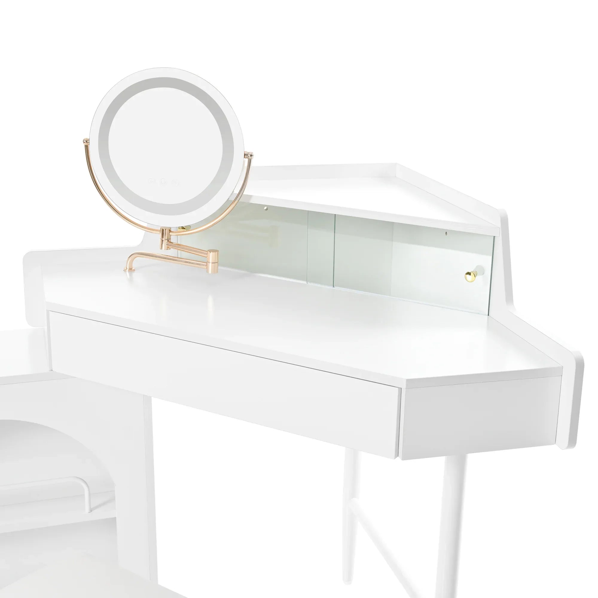 Corner Makeup Vanity Desk With Mirror & LED Lights, Modern Vanity Set With Mirror And Stool, Dressing Table With Large Storage For Small Place, Brightness Adjustable Folding Mirror, White - Eloy Royal