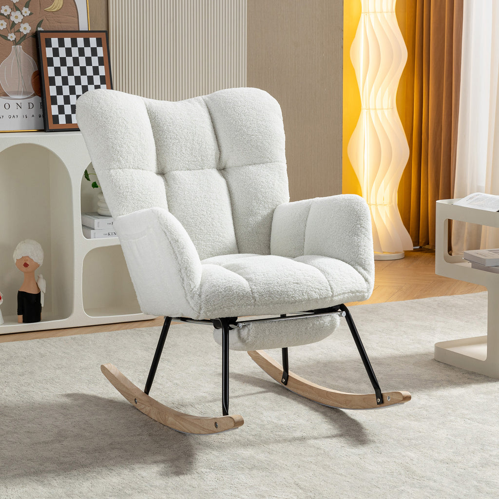 067-Teddy Fabric Leisure Rocking Chair With Adjustable Footstool,Nursery Rocking Chair, High Backrest, Storage Pocket On The Right Side,The Base Rocker Is Solid Wood And Metal,Ivory