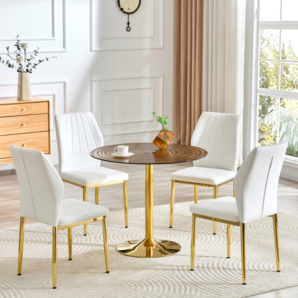 Table and chair set.35 inch diameter, light luxury brown ring glass round table.Paired with 4 White PU Chairs with golden legs.37 inches High: Ergonomic PU Backrest with Shell - shaped.