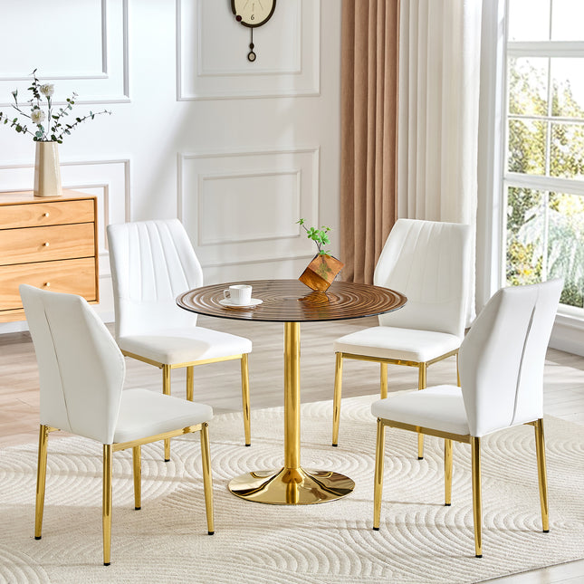 Table and chair set.35 inch diameter, light luxury brown ring glass round table.Paired with 4 White PU Chairs with golden legs.37 inches High: Ergonomic PU Backrest with Shell - shaped.