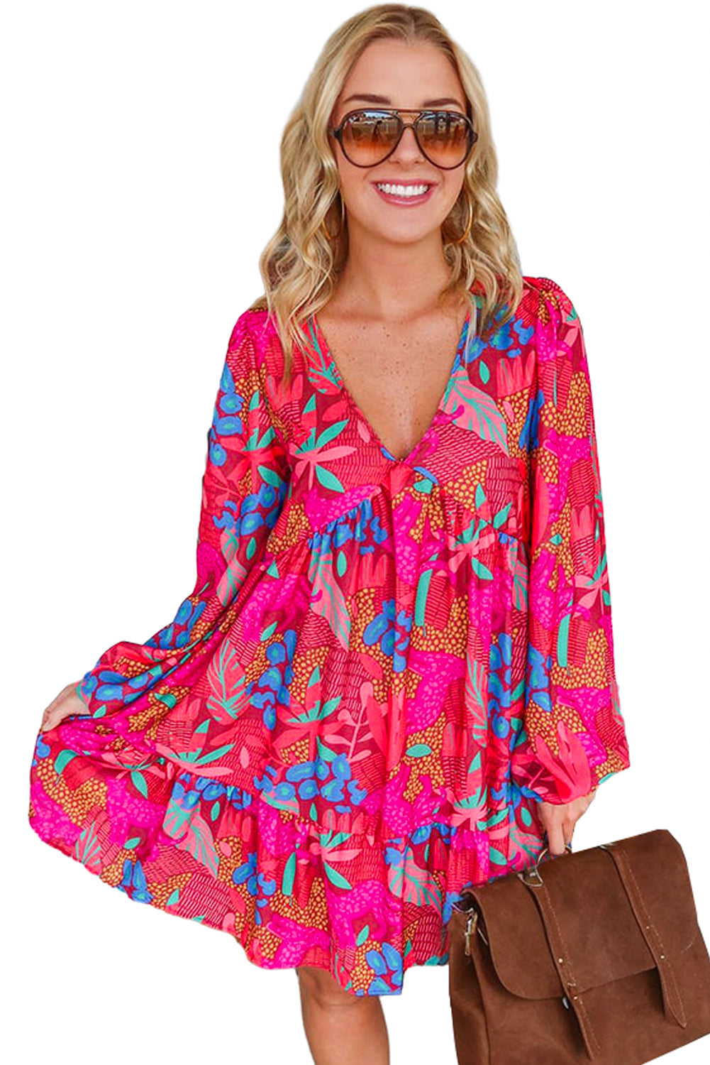 Rose V Neck Bubble Sleeve Boho Flower Flowy Dress - Eloy Royal