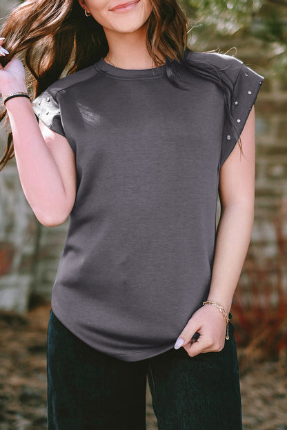 Dark Grey Casual Studded Round Neck T Shirt - Eloy Royal