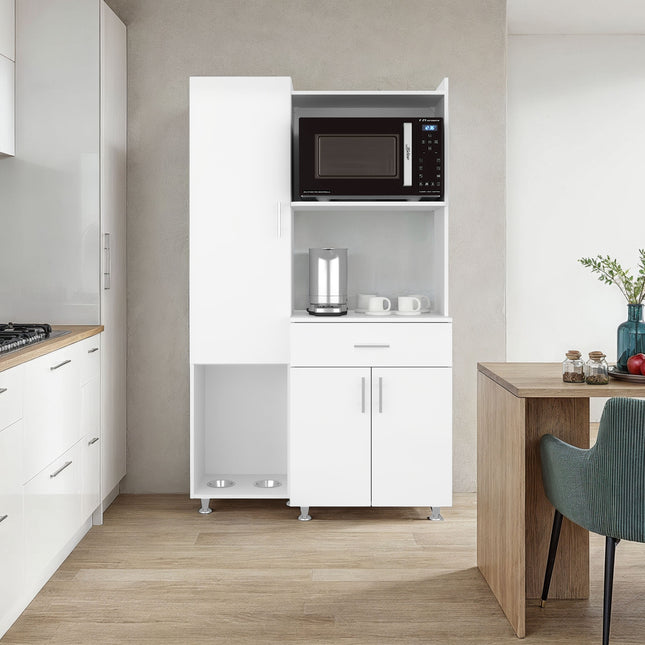 Regrets Kitchen Storage Cabinet with Microwave Shelf, Drawer, and Open Compartments, White