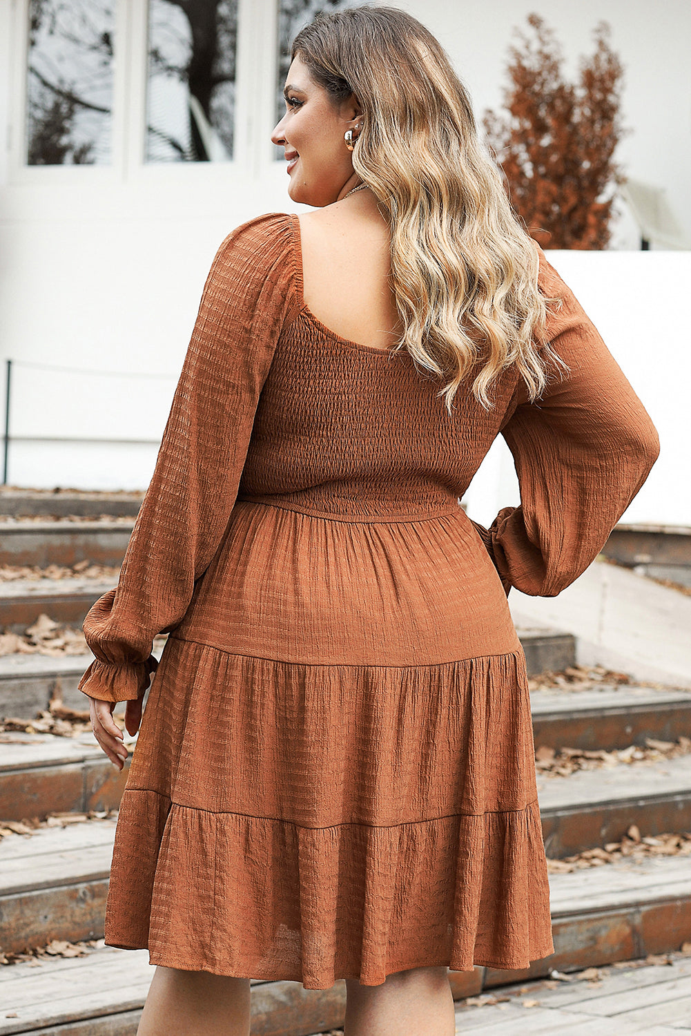 Chestnut Plus Size Smocked Ruffled Sleeve Shirred Mini Dress - Eloy Royal