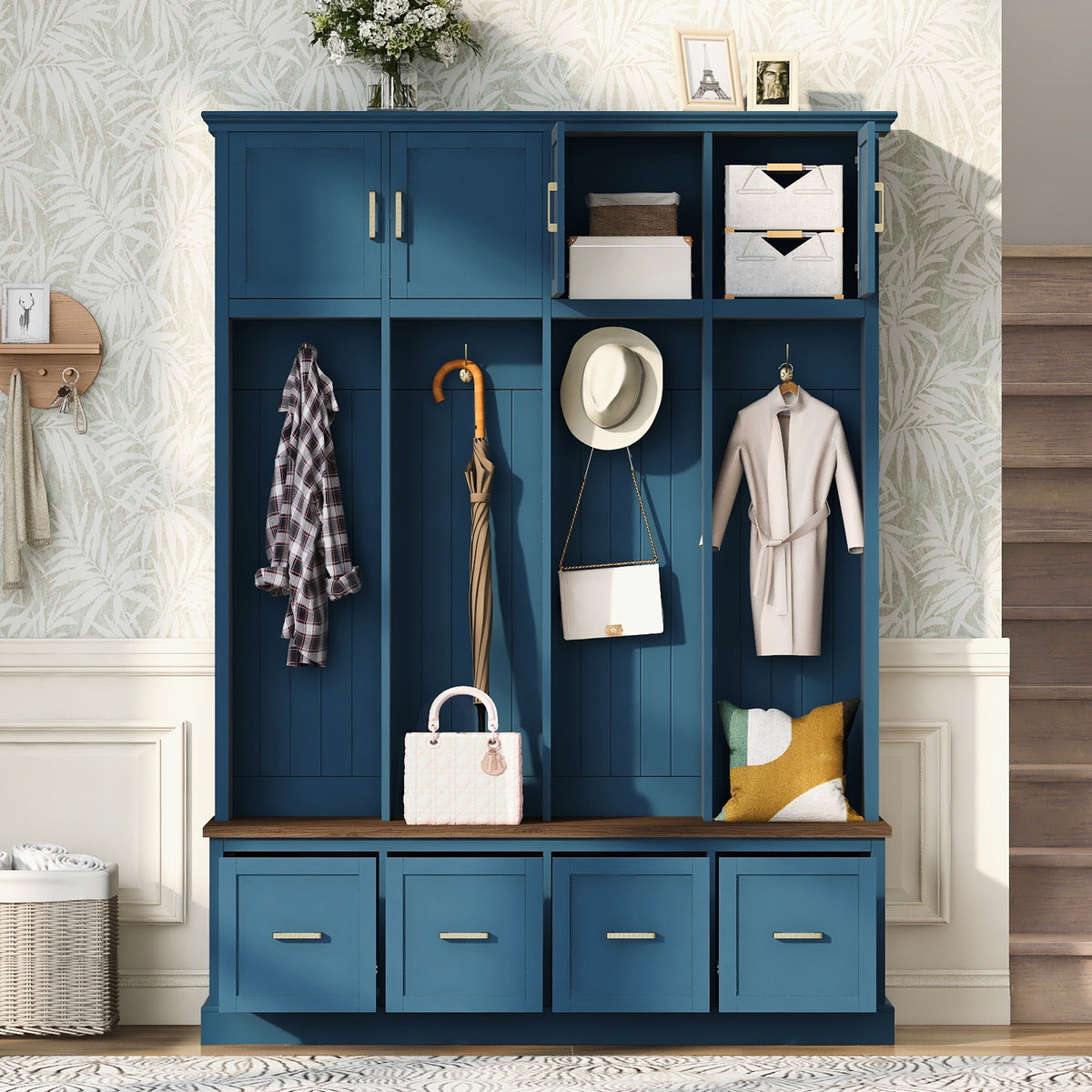 U-Can Farmhouse Entryway Hall Tree with Coat Hooks, Cabinets, and Drawers