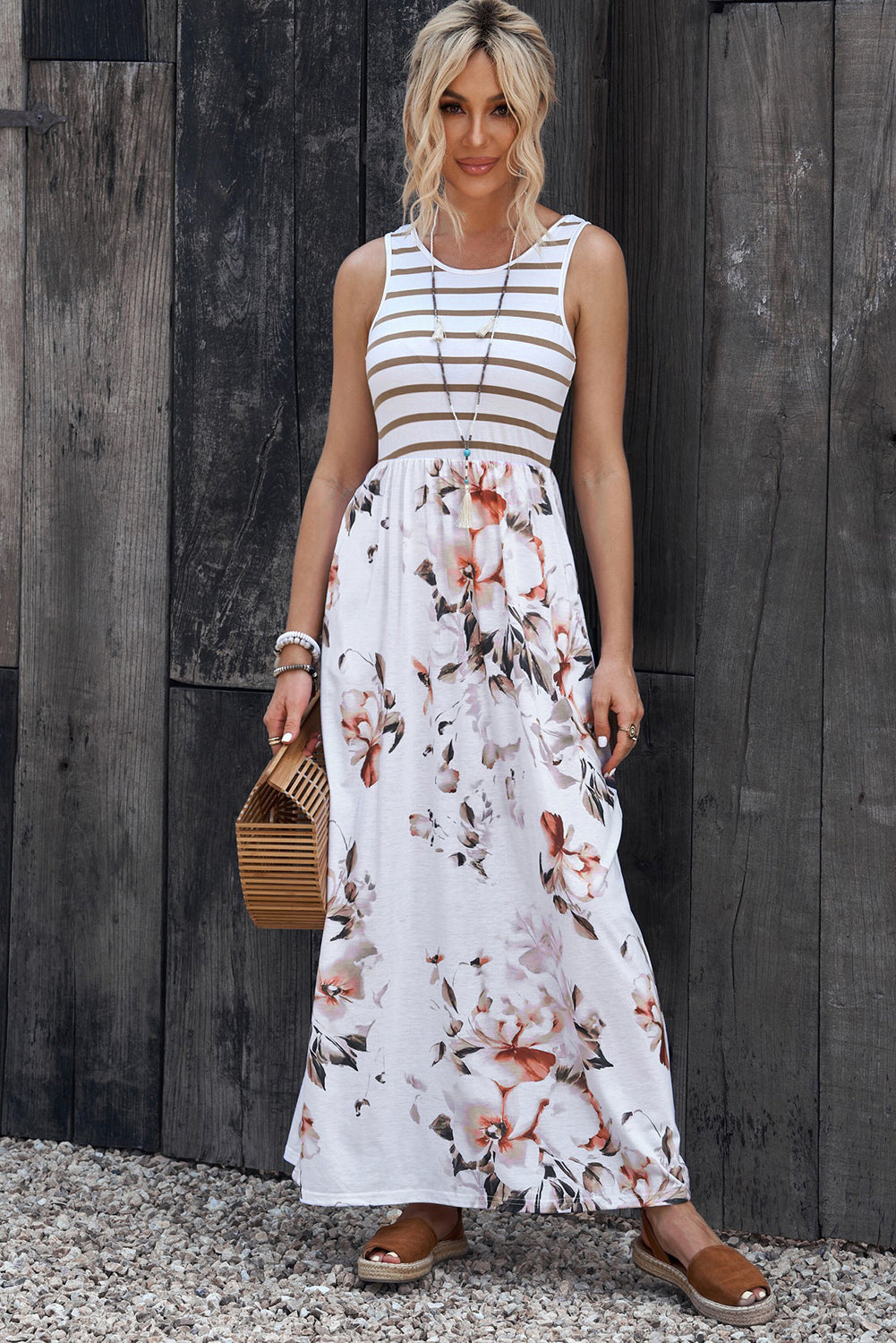 White Boho Stripes & Floral Print Floor Length Tank Dress - Eloy Royal