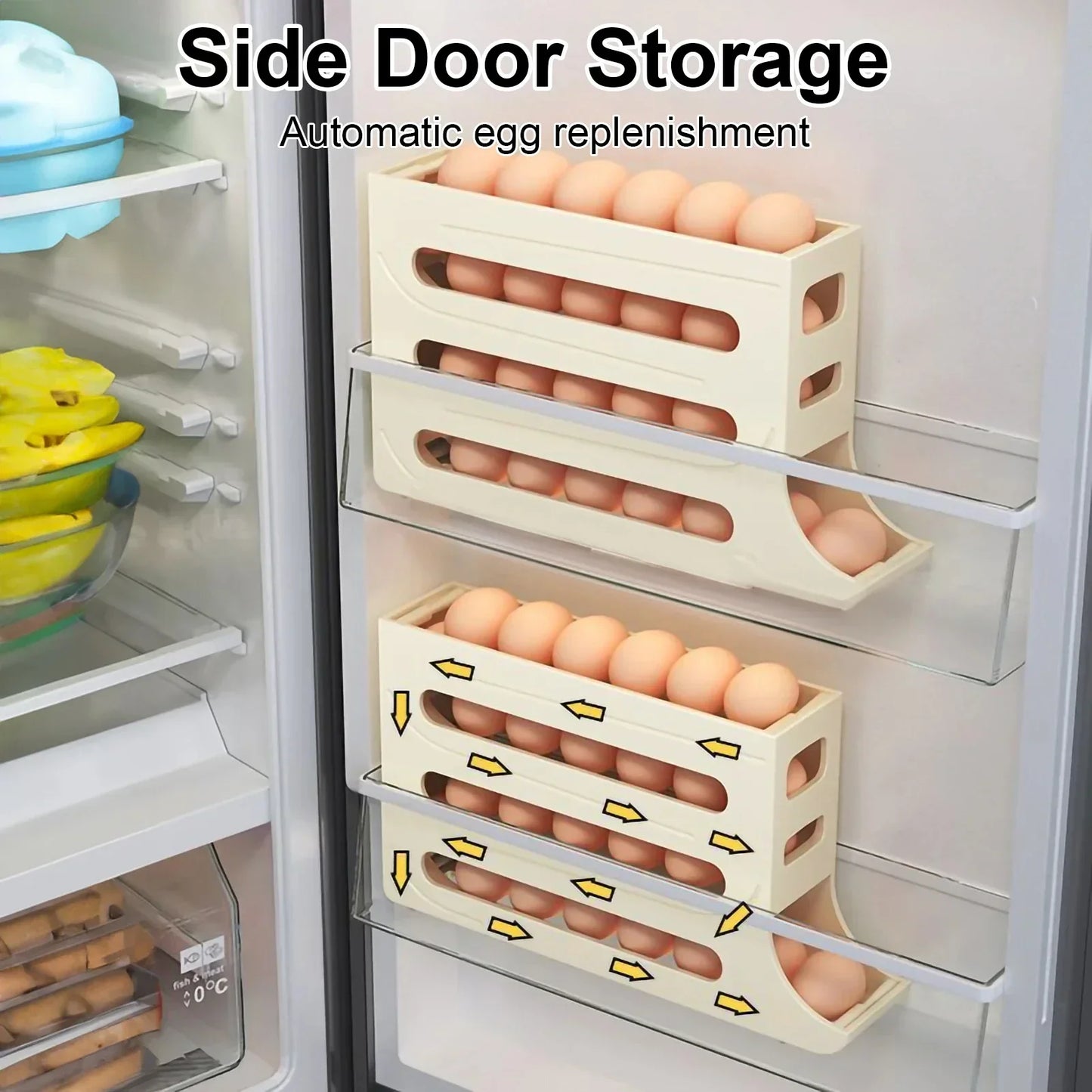 Refrigerator 4-Layer Automatic Egg Roller Sliding Egg Tray Refrigerator Side Door Large Capacity Holder Egg Storage Box Kitchen Gadgets - Eloy Royal