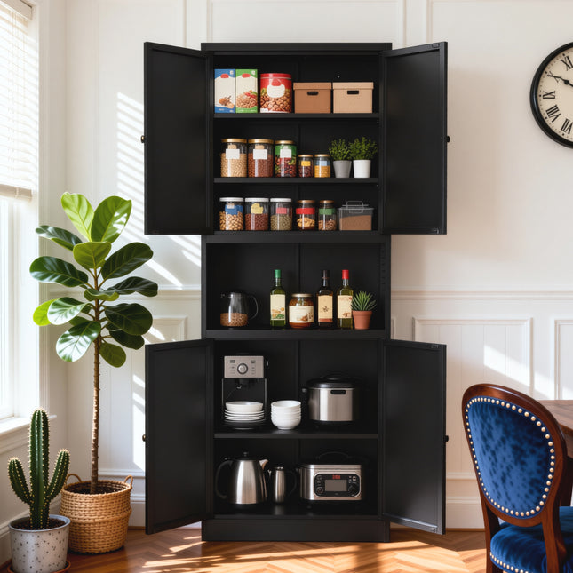 72' High Black Steel Kitchen Pantry Storage Cabinet with Large Countertop, Adjustable Shelves and Hooks, Heavy-duty Modern Style Cabinet