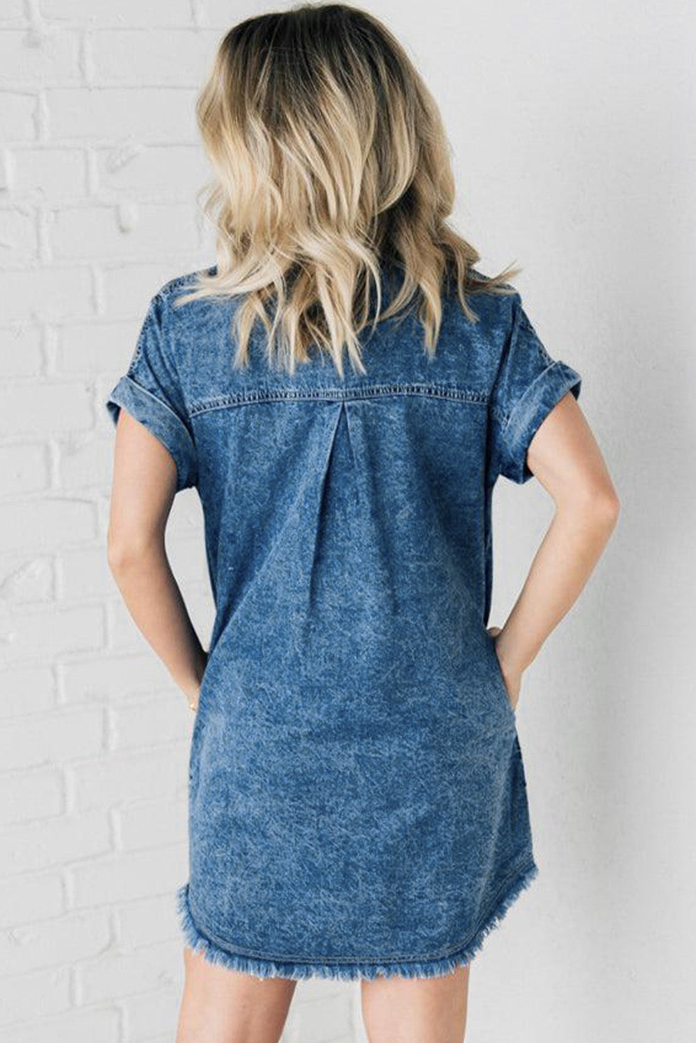 Blue Mineral Wash Cuffed Sleeve Frayed Hem Denim Dress - Eloy Royal