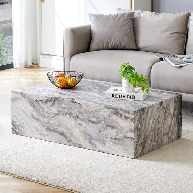 39.37 * 21.65 inch gray marble patterned MDF rectangular coffee table, stable, waterproof and easy to clean, modern minimalist living room coffee table.