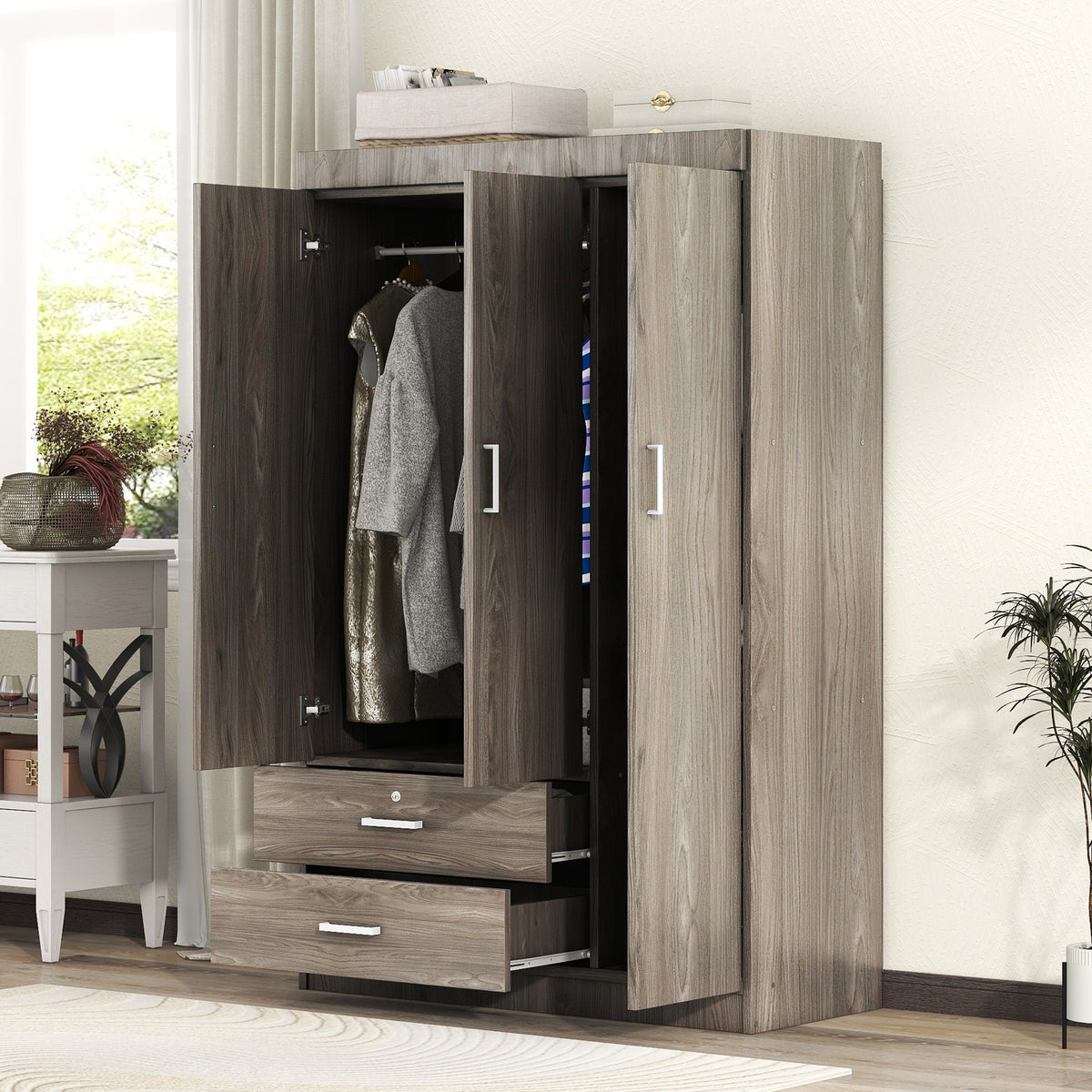 3-Door Wardrobe with 2 Drawers, Wood Grain Effect in Gray(OLD SKU:LP006001)