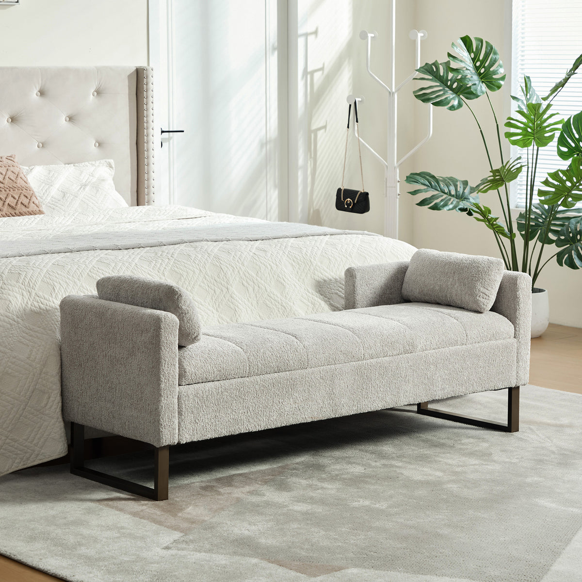 63.98'Wide Upholstered Flip-top Storage Accent Bed Bench, Chenille Footrest Ottoman with Armrests&Backrest&2 Bolster Pillows Metal Legs for Living Room,End of Bed , Entryway Bedroom, Light gray