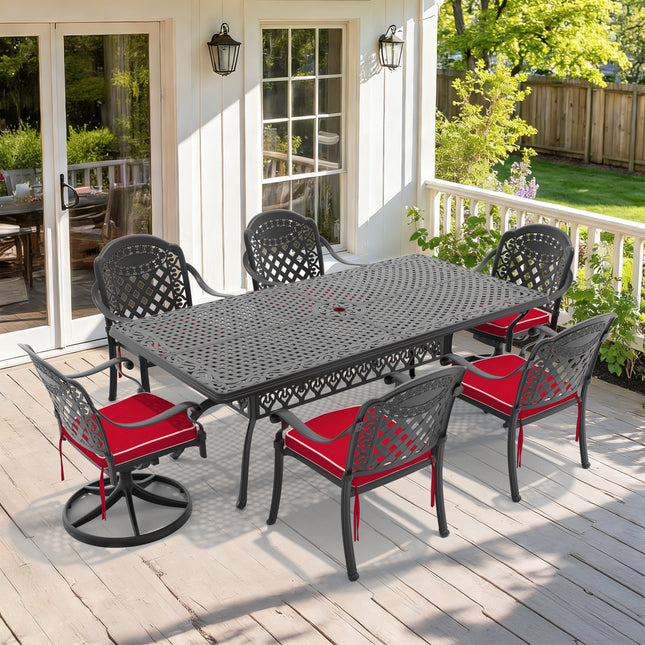 7-Piece All-Weather Cast Aluminum Dining Set, Include 2 Swivel Chairs,4 Dining Chairs and Rectangular Table With Black Frame