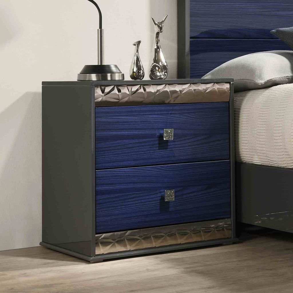 Glam Style 1pc Nightstand Chrome Molding Metal Side Glide Ash Gray And Indigo Blue Finish Bedroom Furniture