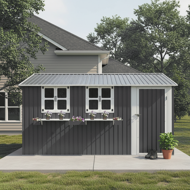 12x10 FT Outdoor Metal Storage Shed with 3 Clear Windows & Decorative Flower Rack, Lockable Single Door Tool Shed, Heavy Duty Waterproof Weatherproof Garden Shed for Backyard Patio Yard,Gray