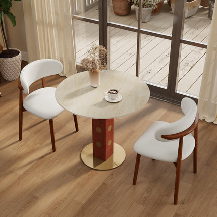 Modern Round Dining Table, 33.5' Matte Cave Stone Slate Table with Wooden Leg & Gold Base, 2 - Person Kitchen Table for Small Space, 150lbs Weight Capacity(Only the Negotiation Table)