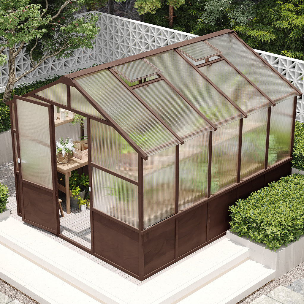 8x10 FT Greenhouse Kit, Wood Greenhouses with 6MM Polycarbonate Panel, Green House with Adjustable Vent & Lockable Door, Walk-in Greenhouse for Outside, Garden, Backyard