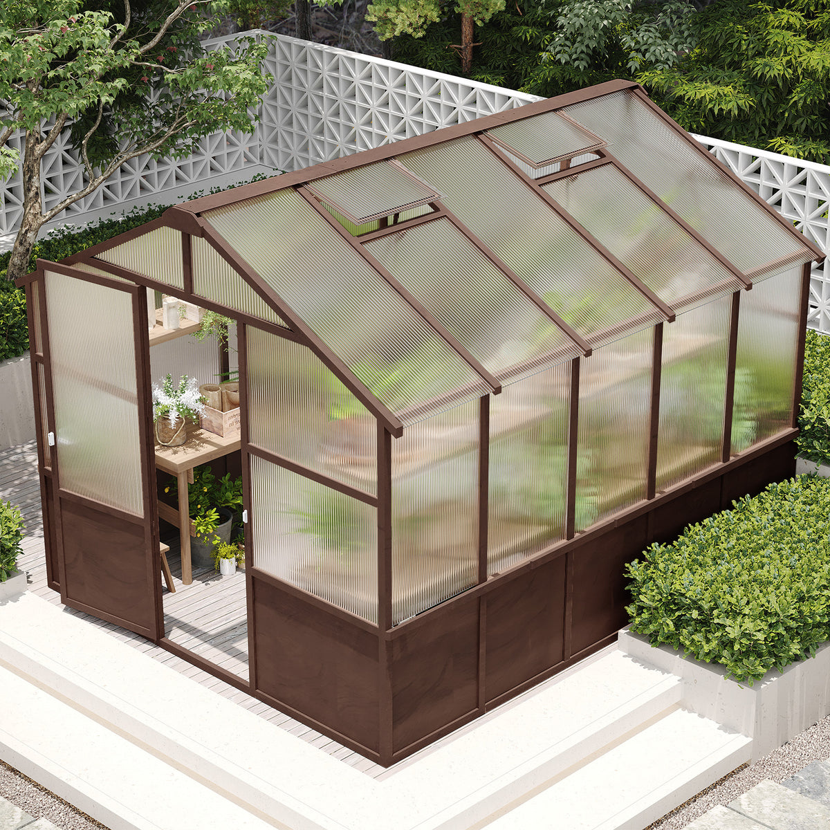 8x10 FT Greenhouse Kit, Wood Greenhouses with 6MM Polycarbonate Panel, Green House with Adjustable Vent & Lockable Door, Walk-in Greenhouse for Outside, Garden, Backyard