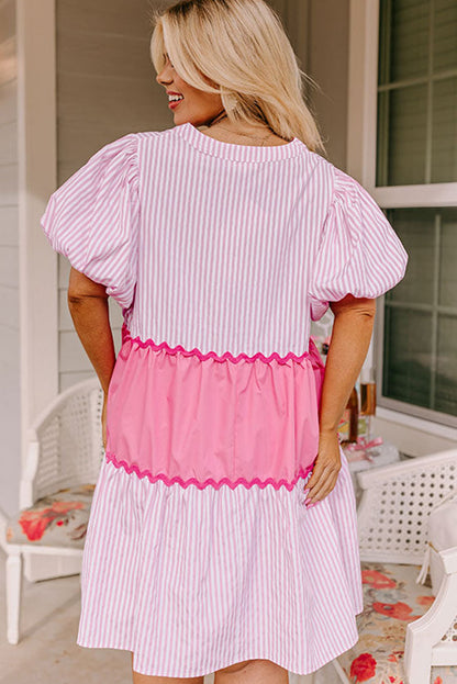 Pink Ric Rac Puff Short Sleeve Striped Flowy Plus Dress - Eloy Royal