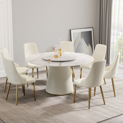 59.05 'Modern white artificial stone round beige plywood PU base dining table-can accommodate 8 people-31.5'white artificial stone turntable (Not including chairs. )