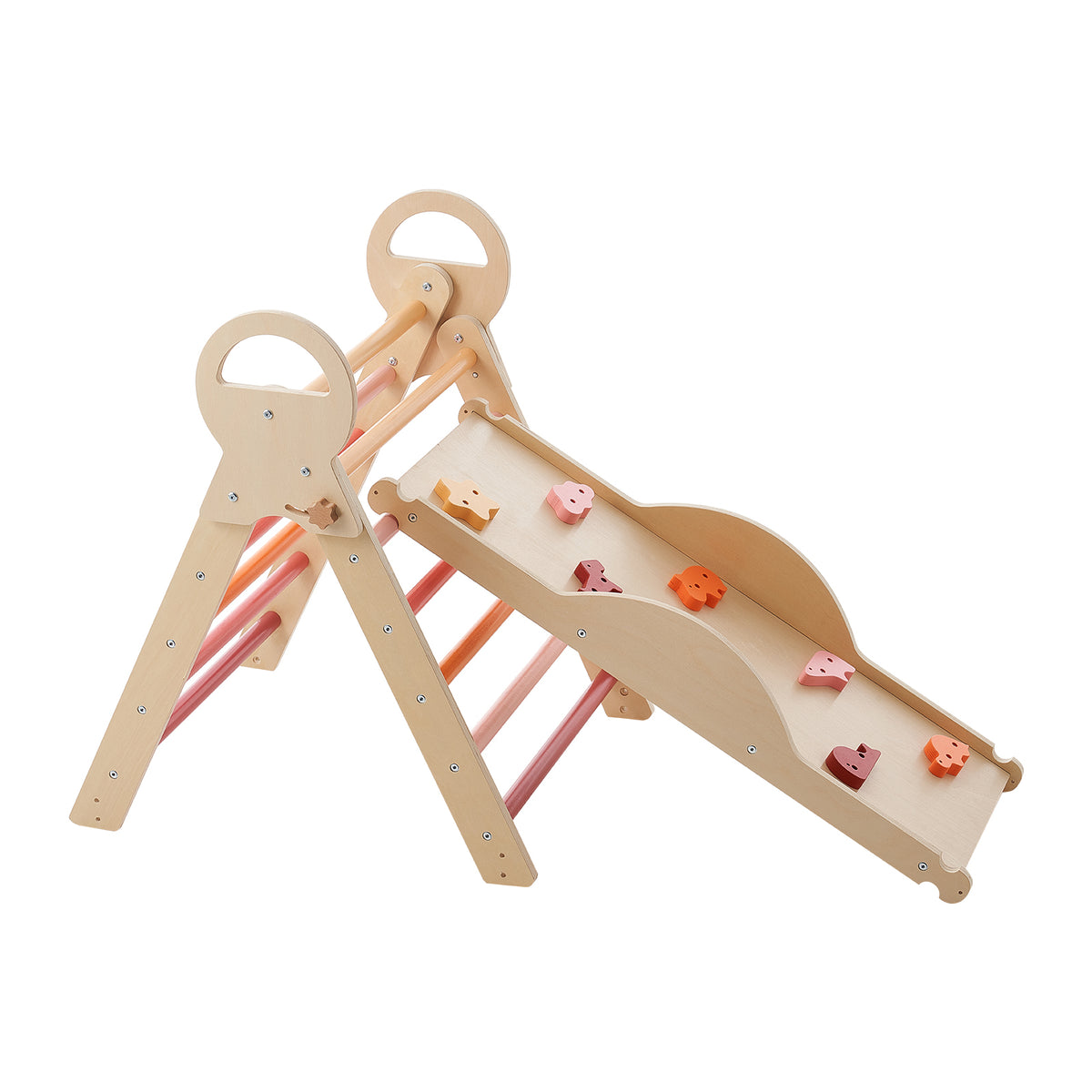 Pikler Triangle Set, 9-in-1 Toddler Climbing Toys Indoor, with 2 Wooden Cars, Cushion, Triangle, Arch, and Ramp, 150 lbs Load, Foldable Montessori Climbing Set for Toddlers and Kids, Orange