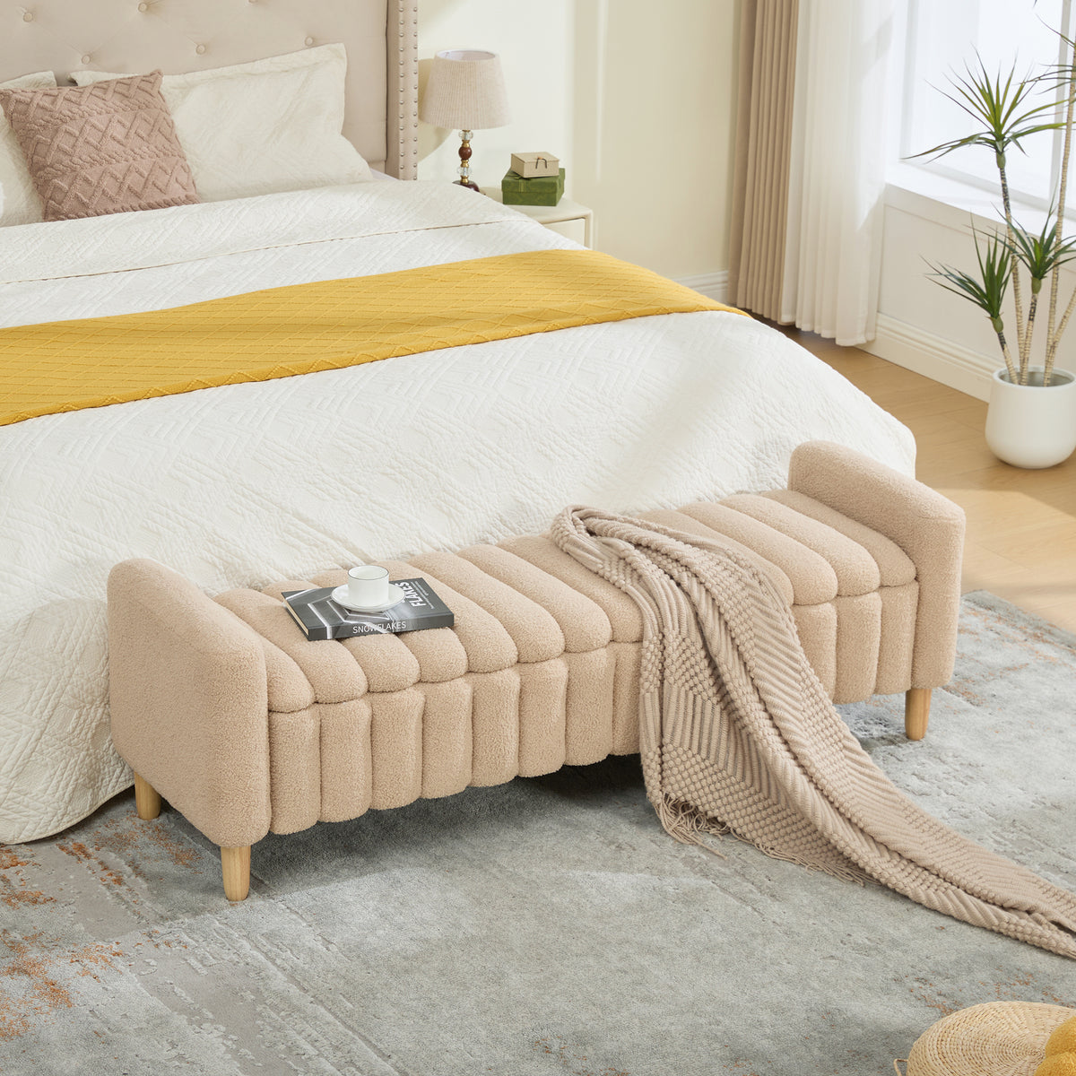 63.4'W Modern Upholstered End of Bed Bench, Wave Channel Tufted Flip-Top Storage Accent Window Footrest Stool with Armrests & Solid Wood Legs For Bedroom Entryway, Dining Room, Living Room, Wheat
