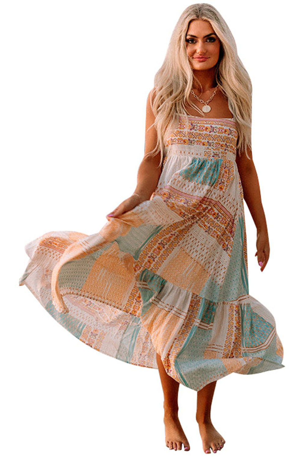 Multicolor Boho Patchwork Print Square Neck Sundress - Eloy Royal