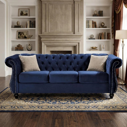Chesterfield 3-Seater Crushed Velvet Sofa, Button Tufted Couch with Rolled Arms, High Density Foam & Spring Support, Wood Tapered Legs, Includes Matching Bolster for Living Room